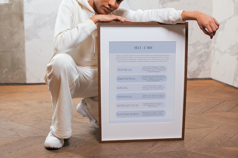 May include: A framed print with the title "Self-Care" and a list of different types of self-care, including physical, emotional, social, personal, intellectual, and nature-based.