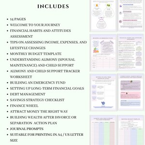 May include: A printable guide to help with financial planning after divorce or separation. The guide includes worksheets, templates, and tips on building an emergency fund, setting financial goals, and managing debt.