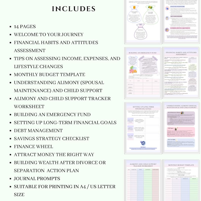 May include: A printable guide to help with financial planning after divorce or separation. The guide includes worksheets, templates, and tips on building an emergency fund, setting financial goals, and managing debt.