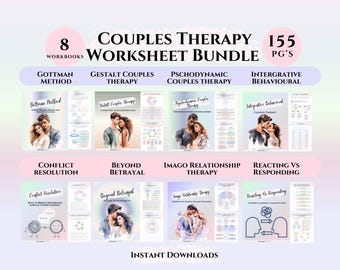 May include: A digital download bundle of 8 couples therapy workbooks with 155 pages total. The workbooks cover various therapy methods including Gottman Method, Gestalt Couples Therapy, Psychodynamic Couples Therapy, and Integrative Behavioral Couples Therapy. The workbooks feature illustrations of couples and titles such as Conflict Resolution, Beyond Betrayal, Imago Relationship Therapy, and Reacting vs Responding.