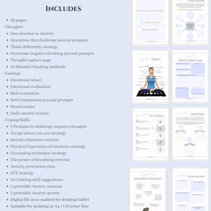 May include: A printable anxiety workbook with a blue and white color scheme. The workbook includes 35 pages of exercises, journal prompts, and coping skills. The workbook is suitable for printing in A4 or US Letter size.