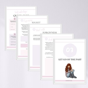 Op de afbeelding: Een printbaar werkblad met een roze en wit kleurenschema. Het werkblad is getiteld "Self-Sabotage Quick Quiz" en heeft drie secties: "Expressing Regret", "Start with Forgiveness" en "Let Go of the Past".