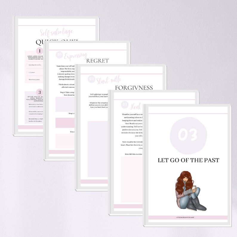 Op de afbeelding: Een printbaar werkblad met een roze en wit kleurenschema. Het werkblad is getiteld "Self-Sabotage Quick Quiz" en heeft drie secties: "Expressing Regret", "Start with Forgiveness" en "Let Go of the Past".