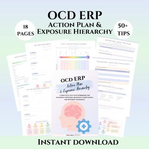 May include: An 18-page OCD ERP Action Plan and Exposure Hierarchy workbook featuring 50+ tips. The document includes pages for mapping OCD cycles, building ladders, and tracking progress, with a cover showing a brain and gear graphic.