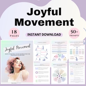 Puede incluir: Una guía de descarga digital titulada "Joyful Movement" con 18 páginas y más de 50 indicaciones. La guía presenta una ilustración colorida de una mujer con cabello rojo sobre un fondo rosa. El texto "Move your way to joy & discover the happiness in motion" también está incluido.
