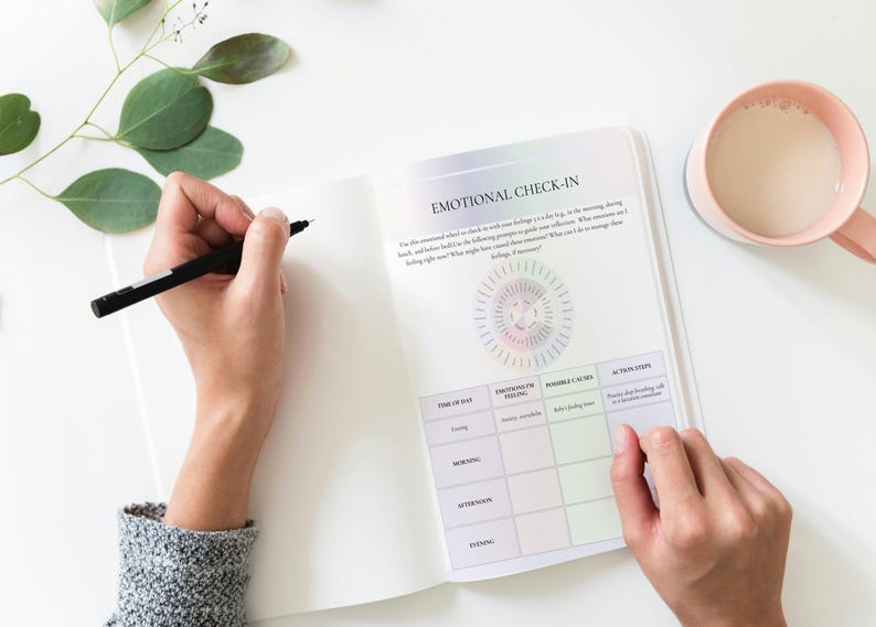 May include: An open journal with the title "EMOTIONAL CHECK-IN" is being written in with a black pen. A pink mug with a light-colored beverage and a sprig of greenery are also on the white surface.