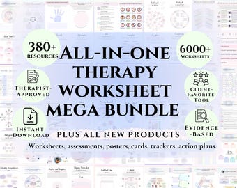 May include: A digital download bundle of therapy worksheets, assessments, posters, cards, trackers, and action plans. The image includes the text "ALL-IN-ONE THERAPY WORKSHEET MEGA BUNDLE" with over 380 resources and 6000+ worksheets. It is therapist-approved and evidence-based.