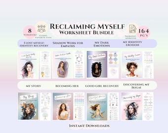 May include: A digital worksheet bundle titled "Reclaiming Myself" with eight workbooks. The covers feature illustrations of women and titles like "I Lost Myself: Identity Recovery" and "My Dark Emotions." The bundle is therapist-approved and includes 164 pages.