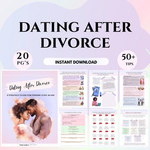 Może przedstawiać: Cyfrowy przewodnik do pobrania zatytułowany "Dating After Divorce: A Strategy Guide for Finding Love Again". Okładka przedstawia parę, która się obejmuje, z tekstem "20 PG's" i "50+ Tips" w górnych rogach.