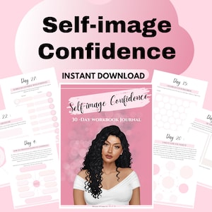 Może przedstawiać: Różowo-biały dziennik cyfrowy z tytułem "Self-image Confidence" i tekstem "30-Day Workbook Journal". Okładka przedstawia cyfrową ilustrację kobiety z kręconymi włosami.