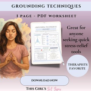 May include: Digital worksheet titled "Grounding Techniques" with a woman meditating. The worksheet is on a tablet with a stylus. Text includes "Great for anyone seeking quick stress-relief tools" and "Therapists Favorite."