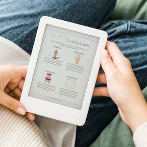 May include: A white tablet displaying a digital document titled "The Power of Breathing" with illustrations of different breathing techniques. The document includes descriptions of each technique, such as "7-11 Breathing", "Finger Breathing", "Belly Breathing", and "Square Breathing".