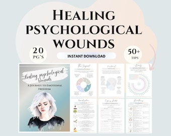 May include: A digital download guide titled "Healing Psychological Wounds: A Journey to Emotional Freedom" with 20 pages and 50+ tips. The cover features a watercolor illustration of a woman with short, dark hair.