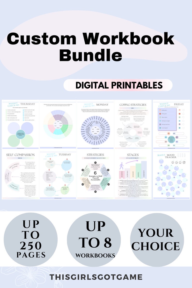 Peut inclure: Un lot de classeurs num&eacute;riques imprimables comprenant jusqu'&agrave; 250 pages et 8 classeurs. L'image montre une vari&eacute;t&eacute; de feuilles de travail avec diff&eacute;rents th&egrave;mes, notamment l'auto-compassion, les strat&eacute;gies d'adaptation et le suivi de l'humeur. Le texte "ThisGirlsGotGame" est en bas de l'image.