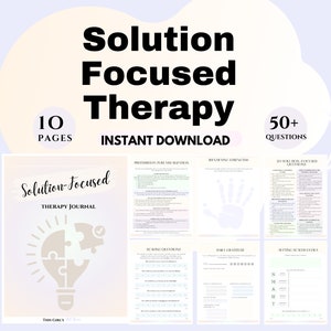 May include: A printable solution-focused therapy journal with 10 pages and 50+ questions. The journal features a light brown lightbulb with a puzzle piece inside, the text "Solution-Focused Therapy Journal", and the words "This Girl's" at the bottom.