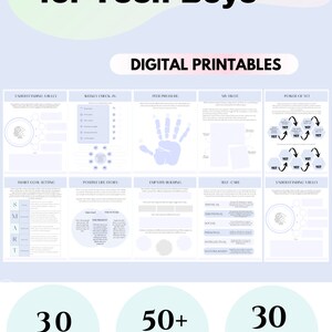 May include: A digital printable resource for teen boys with a light blue background. The title is "Growth Mindset for Teen Boys". The resource includes 30 pages, 50+ prompts, and 30 worksheet exercises. The text "THISGIRLSGOTGAME" is at the bottom of the image.