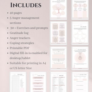 Op de afbeelding: Een printbaar werkboek met roze en witte pagina's ontworpen om te helpen bij het beheersen van woede. Het werkboek bevat 40 pagina's, 5 secties, 30 oefeningen en prompts, een dankbaarheidslogboek, woedetrackers, copingstrategie&euml;n en een printbare PDF. Het werkboek is geschikt om te printen in A4 of US letter formaat.