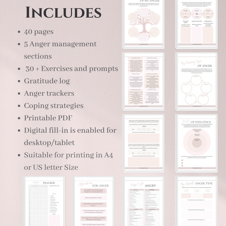 Op de afbeelding: Een printbaar werkboek met roze en witte pagina's ontworpen om te helpen bij het beheersen van woede. Het werkboek bevat 40 pagina's, 5 secties, 30 oefeningen en prompts, een dankbaarheidslogboek, woedetrackers, copingstrategie&euml;n en een printbare PDF. Het werkboek is geschikt om te printen in A4 of US letter formaat.