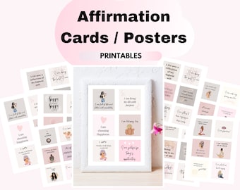 Könnte beinhalten: Ein Satz druckbarer Affirmationskarten oder Poster mit rosa und grauem Hintergrund. Die Karten zeigen Illustrationen von Frauen und positive Affirmationen wie "Ich wähle Glück" und "Ich lebe mein Leben mit einem Ziel".