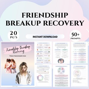 Può includere: Una guida di download digitale intitolata "Friendship Breakup Recovery: When Friendships End" con uno sfondo rosa e bianco. La guida include 20 pagine e oltre 50 prompt per aiutarti a riprenderti da una rottura di amicizia.