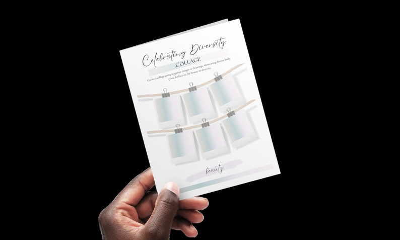 May include: A white card with the text "Celebrating Diversity" and "COLLAGE" printed on it. The card has a drawing of a clothesline with six blank photo spaces, each with a clothespin. The text "beauty" is printed at the bottom of the card.