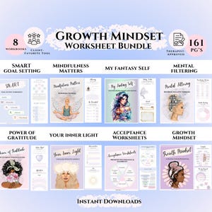 Paquete de hojas de trabajo de mentalidad de crecimiento Hojas de trabajo del terapeuta Diario de autoconfianza Estrategias de afrontamiento Recuperación de traumas Coaching de vida Planificador de atención plena