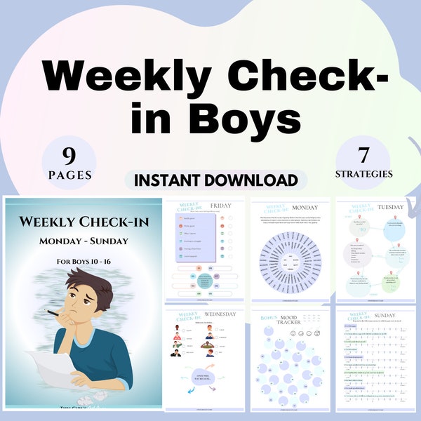 Weekly Check In For Teen boys Printable Teen Mental Health Journal emotional regulation Feelings wheel worksheets CBT therapy for teens dbt