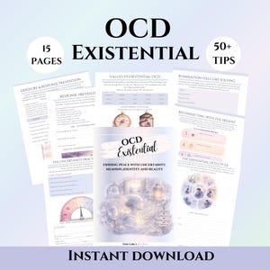 Op de afbeelding: Een digitale gids van 15 pagina's getiteld OCD Existential met 50+ tips. Het document bevat secties over blootstelling en responspreventie, waarden, ruminatie en onzekerheidspraktijken, inclusief een voorpagina met een illustratie.