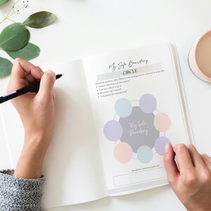 May include: An open journal with the text "My Safe Boundary" and a circle diagram, with a person writing with a black pen. A pink mug with a beverage and green leaves are also visible.