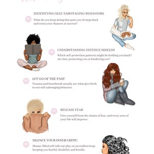 Op de afbeelding: Een roze en witte grafiek met vijf stappen om zelfsabotagedrang te overwinnen. Elke stap wordt ge&iuml;llustreerd met een vrouw in een andere pose. De tekst omvat "Zelfsaboterende gedragingen identificeren", "Verdedigingsmechanismen begrijpen", "Het verleden loslaten", "Angst loslaten" en "Je innerlijke criticus de mond snoeren".