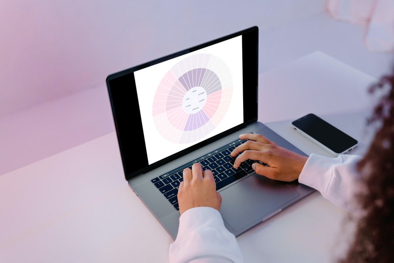 Pu&ograve; includere: Una persona sta lavorando su un computer portatile con un grafico a ruota dei colori visualizzato sullo schermo. Il computer portatile &egrave; su una scrivania bianca con uno smartphone nero accanto.