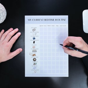 May include: A white printable checklist with the title "My Current Bedtime Routine". The checklist includes a list of activities such as "Read a book", "Take a bath/shower", "Wash face & brush teeth", "Light air freshener", "Eat dessert", "Do school work", "Put on pajamas", "Read a few pages", "Turn off lights", "Shower & wash", "Diffuse essential oils", "Lavender room spray", and a grid for each day of the week to check off the activities.