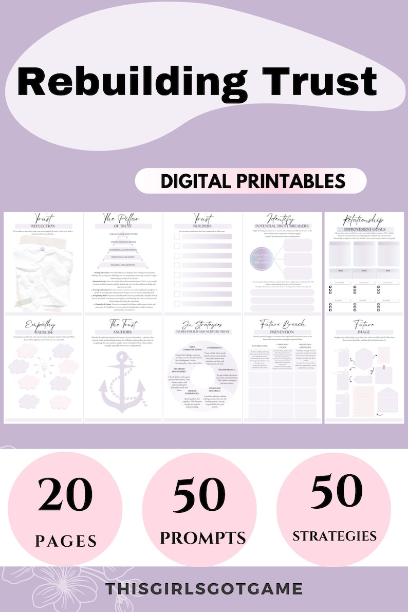 Puede incluir: Un libro de trabajo imprimible con fondo morado y texto blanco. El libro de trabajo se titula "Rebuilding Trust" e incluye 20 p&aacute;ginas, 50 indicaciones y 50 estrategias. El libro de trabajo est&aacute; dise&ntilde;ado para ayudar a las personas a reconstruir la confianza en sus relaciones.