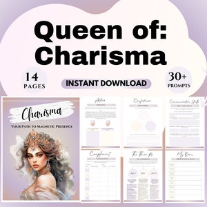 Könnte beinhalten: Ein digitaler druckbarer Arbeitsbuch mit dem Titel "Queen of: Charisma" mit einem violetten Hintergrund und einer digitalen Illustration einer Frau mit einer Krone. Das Arbeitsbuch ist 14 Seiten lang und enthält über 30 Aufforderungen. Der Text "Your Path to Magnetic Presence" ist ebenfalls enthalten.