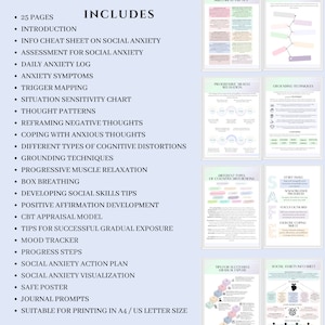 May include: A printable guide for managing social anxiety. The guide includes 25 pages with information on coping mechanisms, thought patterns, and relaxation techniques. The guide is suitable for printing on A4 or US letter size paper.