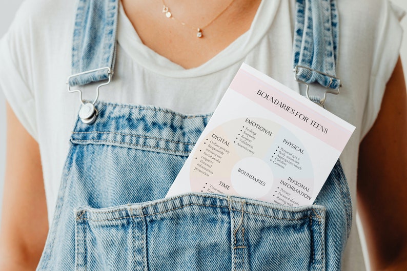 May include: A pink and white printable guide with the title "Boundaries for Teens" and a diagram with four sections: "Emotional", "Digital", "Physical", and "Personal Information".
