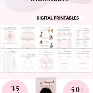Op de afbeelding: Een digitaal printbaar werkboek-journaal met 35 pagina's en meer dan 50 tips voor boosheidsmanagement. De omslag toont een zwarte vrouw met een afro en een zwarte kat. De tekst op de omslag luidt "Anger Management Workbook Journal".