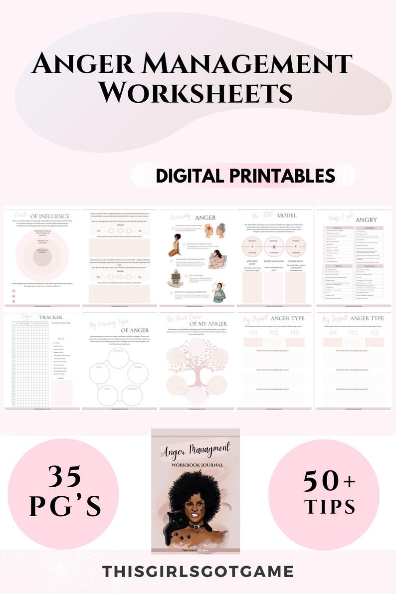 Op de afbeelding: Een digitaal printbaar werkboek-journaal met 35 pagina's en meer dan 50 tips voor boosheidsmanagement. De omslag toont een zwarte vrouw met een afro en een zwarte kat. De tekst op de omslag luidt "Anger Management Workbook Journal".