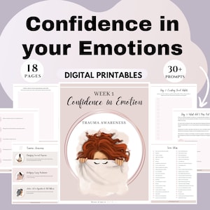 Puede incluir: Un libro de trabajo digital imprimible con el título "Confianza en las emociones" y el subtítulo "Conciencia del trauma". El libro de trabajo está diseñado para ayudar a las personas a ganar confianza en sus emociones. Incluye 18 páginas y más de 30 indicaciones. La portada presenta a una mujer con cabello rojo escondiéndose debajo de una manta.