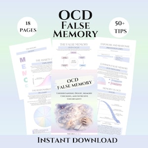 May include: A digital download titled "OCD False Memory" with 18 pages and 50+ tips. The cover features the title and the phrase "Understanding Doubt, Memory Checking, and Intrusive Uncertainty." The words "Instant Download" are at the bottom.