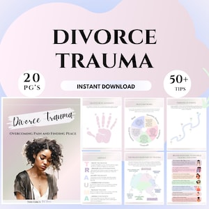 Op de afbeelding: Een roze en witte digitale downloadgids met de titel "Divorce Trauma: Overcoming Pain and Finding Peace" met een vrouwengezicht op de omslag. De gids bevat 20 pagina's en meer dan 50 tips.