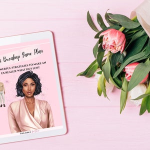 May include: A digital tablet displaying a pink and white ebook cover with the title "Mini Breakup Game Plan" and the text "5 Powerful Strategies to Make an Ex Realize What He's Lost". The cover features an illustration of a woman with short dark hair and a man standing in the background.
