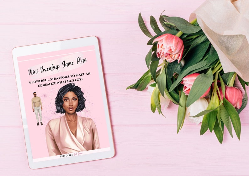 May include: A digital tablet displaying a pink and white ebook cover with the title "Mini Breakup Game Plan" and the text "5 Powerful Strategies to Make an Ex Realize What He's Lost". The cover features an illustration of a woman with short dark hair and a man standing in the background.