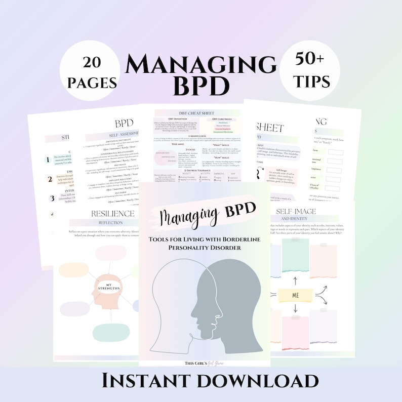 Borderline Personality Disorder Therapy Worksheets BPD journal coping skills DBT psychology workbook self-esteem therapist tools counsellor