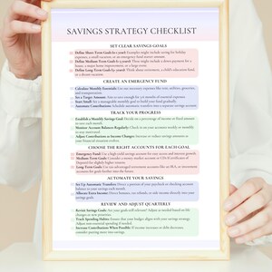 May include: A checklist for creating a savings strategy. The checklist includes sections for setting clear savings goals, creating an emergency fund, tracking progress, choosing the right accounts for each goal, automating savings, and reviewing and adjusting quarterly.