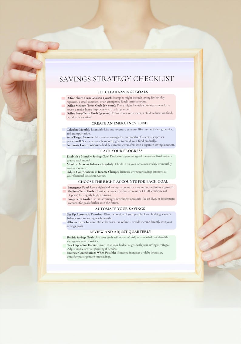 May include: A checklist for creating a savings strategy. The checklist includes sections for setting clear savings goals, creating an emergency fund, tracking progress, choosing the right accounts for each goal, automating savings, and reviewing and adjusting quarterly.