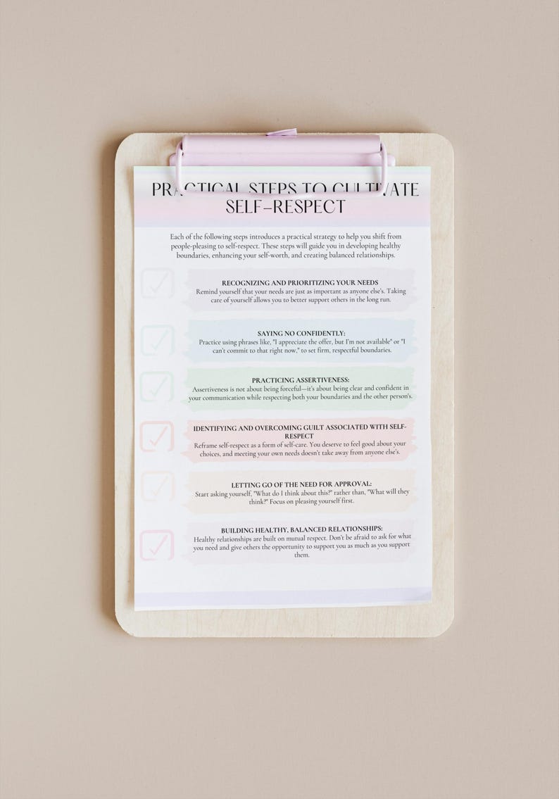 Puede incluir: Una lista de verificaci&oacute;n en un portapapeles con un clip rosa, titulada "Pasos pr&aacute;cticos para cultivar el respeto a s&iacute; mismo". La lista de verificaci&oacute;n incluye pasos como "Reconocer y priorizar tus necesidades", "Decir que no con confianza", "Practicar la asertividad", "Identificar y superar la culpa asociada con el respeto a s&iacute; mismo", "Dejar de lado la necesidad de aprobaci&oacute;n" y "Construir relaciones saludables y equilibradas".