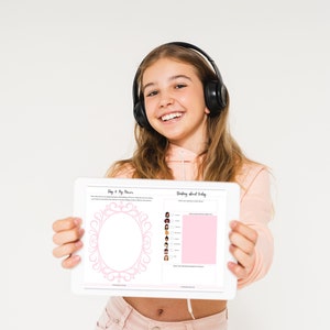 May include: A young person wearing headphones holds a tablet displaying a pink and white printable planner with the text "Day & My Plans" and "Thinking about today".