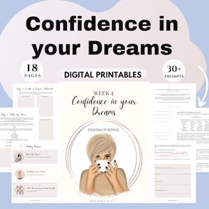 Peut inclure: Un classeur numérique imprimable intitulé "Confiance en vos rêves : Trouver un but" avec une illustration d'une femme tenant une tasse de café. Le classeur comprend 18 pages et plus de 30 invites.