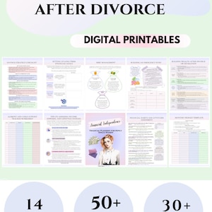 May include: A digital printable guide for financial independence after divorce. The guide includes 14 pages, 50+ strategies, and 30+ prompts. The cover features a woman with pink hair and a pink background.